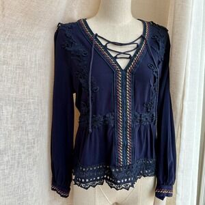 M2 by Mocha Apparel lace up embroidered navy blue peasant top